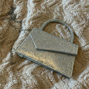 Dazzling Clutch Bag - Silver Rhinestone Mini Purse with long metal Chain